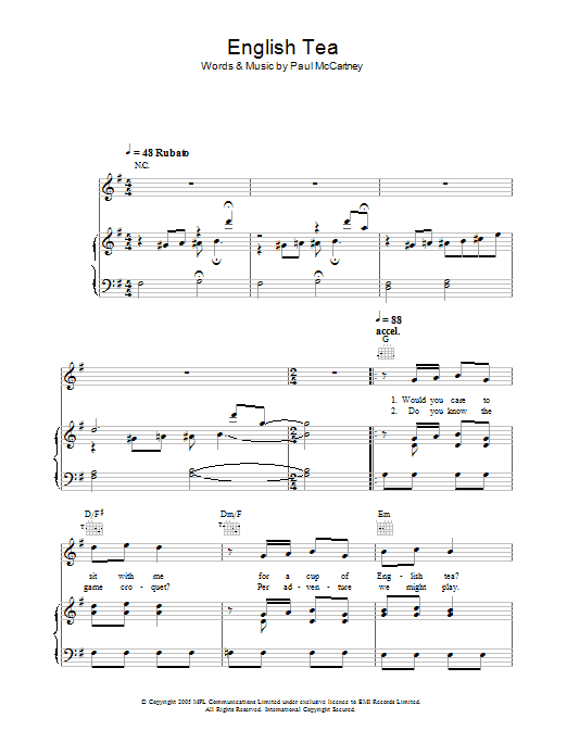 Learn to play Paul McCartney English Tea sheet music for Piano, Vocal & Guitar Chords in minutes. Price: 7.8900$ Paul McCartney English Tea sheet music notes and chords arranged for Piano, Vocal & Guitar Chords
