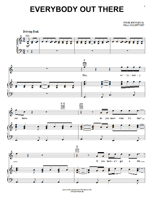 Learn to play Paul McCartney Everybody Out There sheet music for Piano, Vocal & Guitar Chords (Right-Hand Melody) in minutes. Price: 7.8900$ Paul McCartney Everybody Out There sheet music notes and chords arranged for Piano, Vocal & Guitar Chords (Right-Hand Melody)