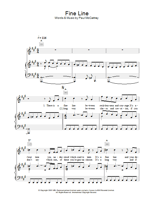 Paul McCartney Fine Line sheet music notes and chords arranged for Piano, Vocal & Guitar Chords