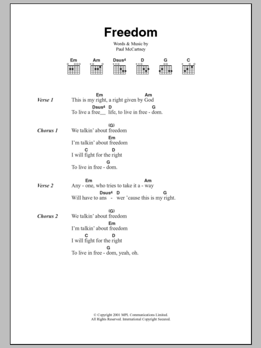 Paul McCartney Freedom sheet music notes and chords. Download Printable PDF.