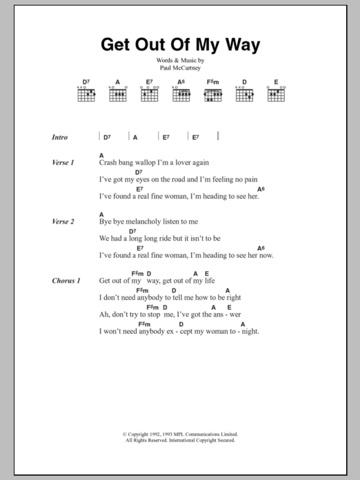 Paul McCartney Get Out Of My Way sheet music notes and chords. Download Printable PDF.