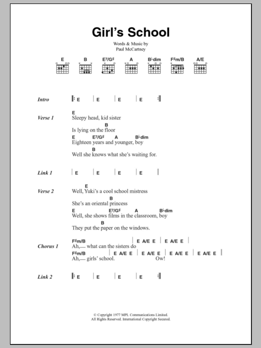 Paul McCartney & Wings Girls' School sheet music notes and chords. Download Printable PDF.