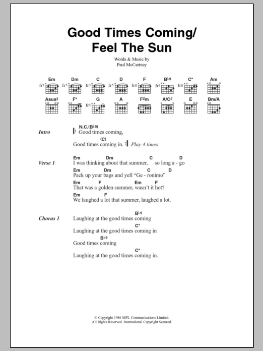 Paul McCartney Good Times Coming/Feel The Sun sheet music notes and chords arranged for Guitar Chords/Lyrics