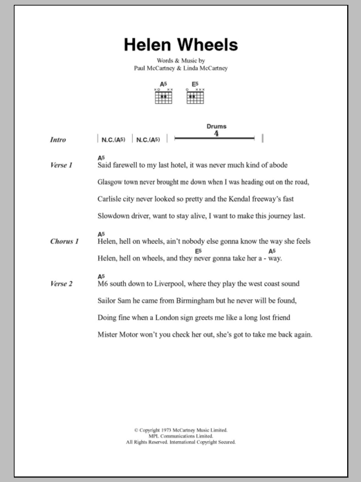 Paul McCartney & Wings Helen Wheels sheet music notes and chords. Download Printable PDF.