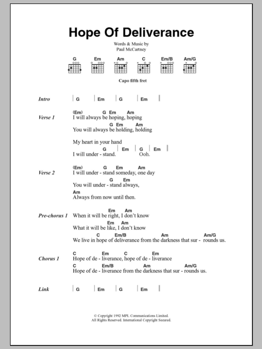 Paul McCartney Hope Of Deliverance sheet music notes and chords. Download Printable PDF.