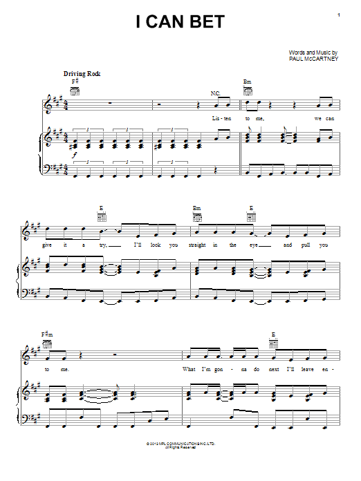 Learn to play Paul McCartney I Can Bet sheet music for Piano, Vocal & Guitar Chords (Right-Hand Melody) in minutes. Price: 7.8900$ Paul McCartney I Can Bet sheet music notes and chords arranged for Piano, Vocal & Guitar Chords (Right-Hand Melody)