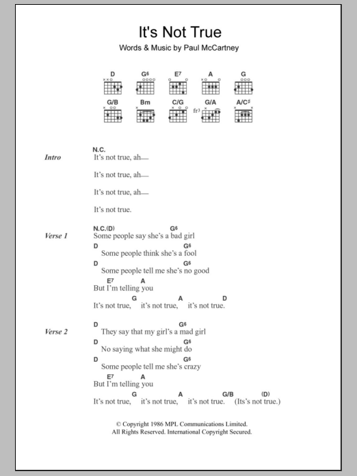 Paul McCartney It's Not True sheet music notes and chords. Download Printable PDF.