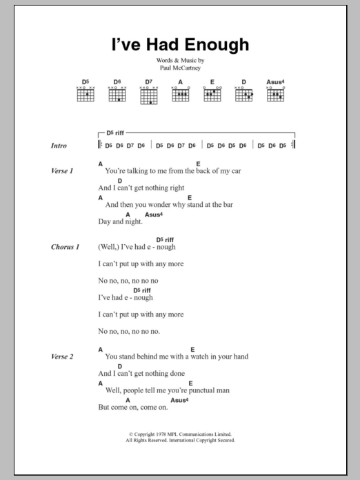 Paul McCartney & Wings I've Had Enough sheet music notes and chords. Download Printable PDF.