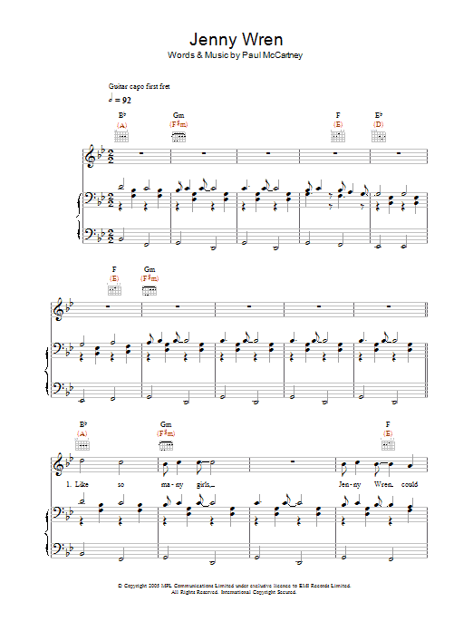 Learn to play Paul McCartney Jenny Wren sheet music for Piano, Vocal & Guitar Chords in minutes. Price: 7.8900$ Paul McCartney Jenny Wren sheet music notes and chords arranged for Piano, Vocal & Guitar Chords