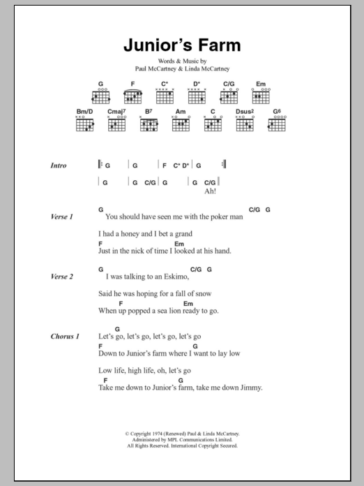 Paul McCartney & Wings Junior's Farm sheet music notes and chords. Download Printable PDF.