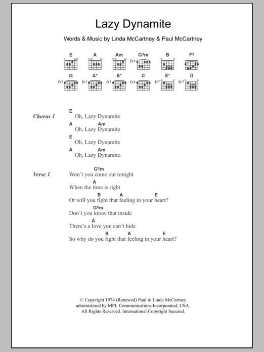 Paul McCartney & Wings Lazy Dynamite sheet music notes and chords. Download Printable PDF.