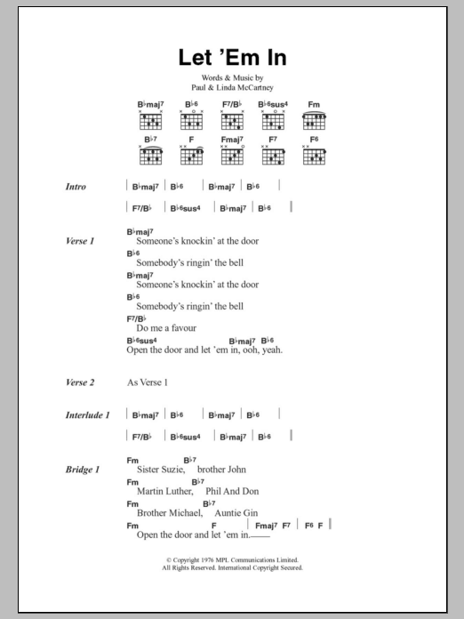 Paul McCartney & Wings Let 'Em In sheet music notes and chords. Download Printable PDF.