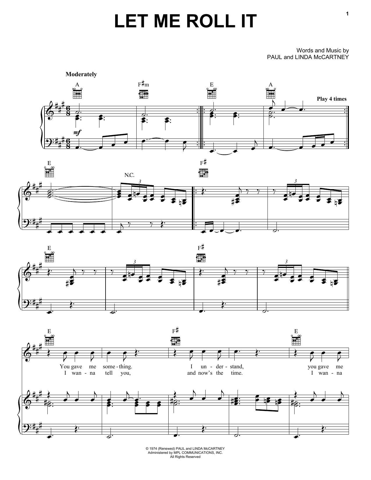 Paul McCartney Let Me Roll It sheet music notes and chords arranged for Piano, Vocal & Guitar Chords (Right-Hand Melody)