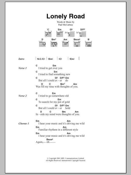 Paul McCartney Lonely Road sheet music notes and chords. Download Printable PDF.