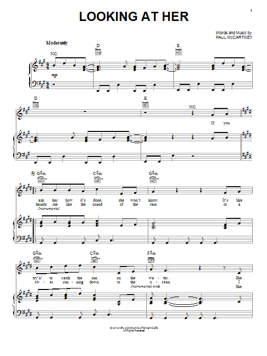 Learn to play Paul McCartney Looking At Her sheet music for Piano, Vocal & Guitar Chords (Right-Hand Melody) in minutes. Price: 7.8900$ Paul McCartney Looking At Her sheet music notes and chords arranged for Piano, Vocal & Guitar Chords (Right-Hand Melody)