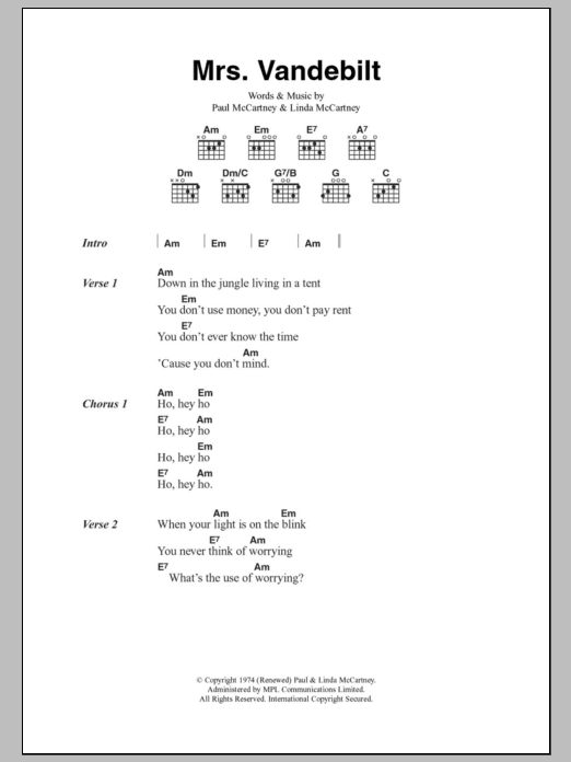 Paul McCartney & Wings Mrs. Vandebilt sheet music notes and chords. Download Printable PDF.