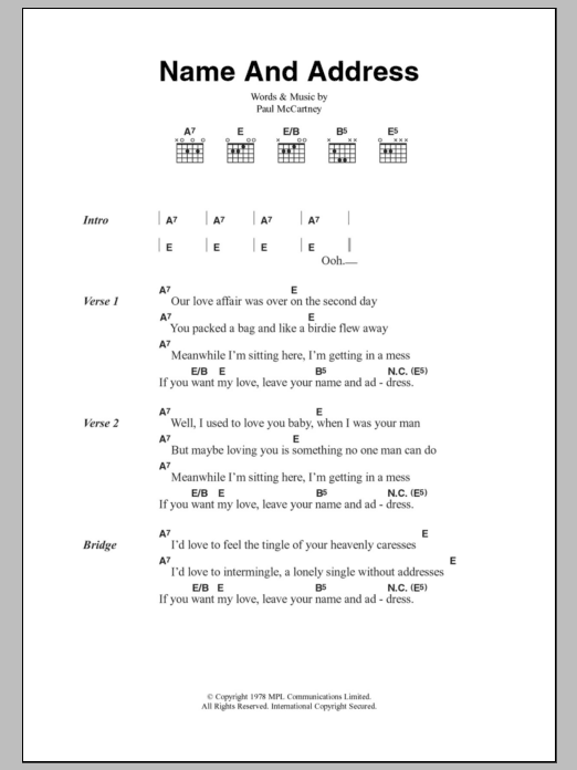 Paul McCartney & Wings Name And Address sheet music notes and chords. Download Printable PDF.