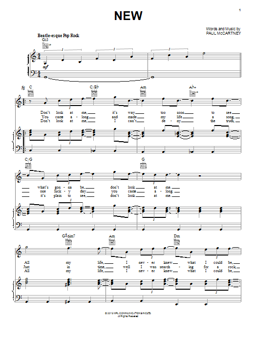 Paul McCartney New sheet music notes and chords arranged for Piano, Vocal & Guitar Chords (Right-Hand Melody)