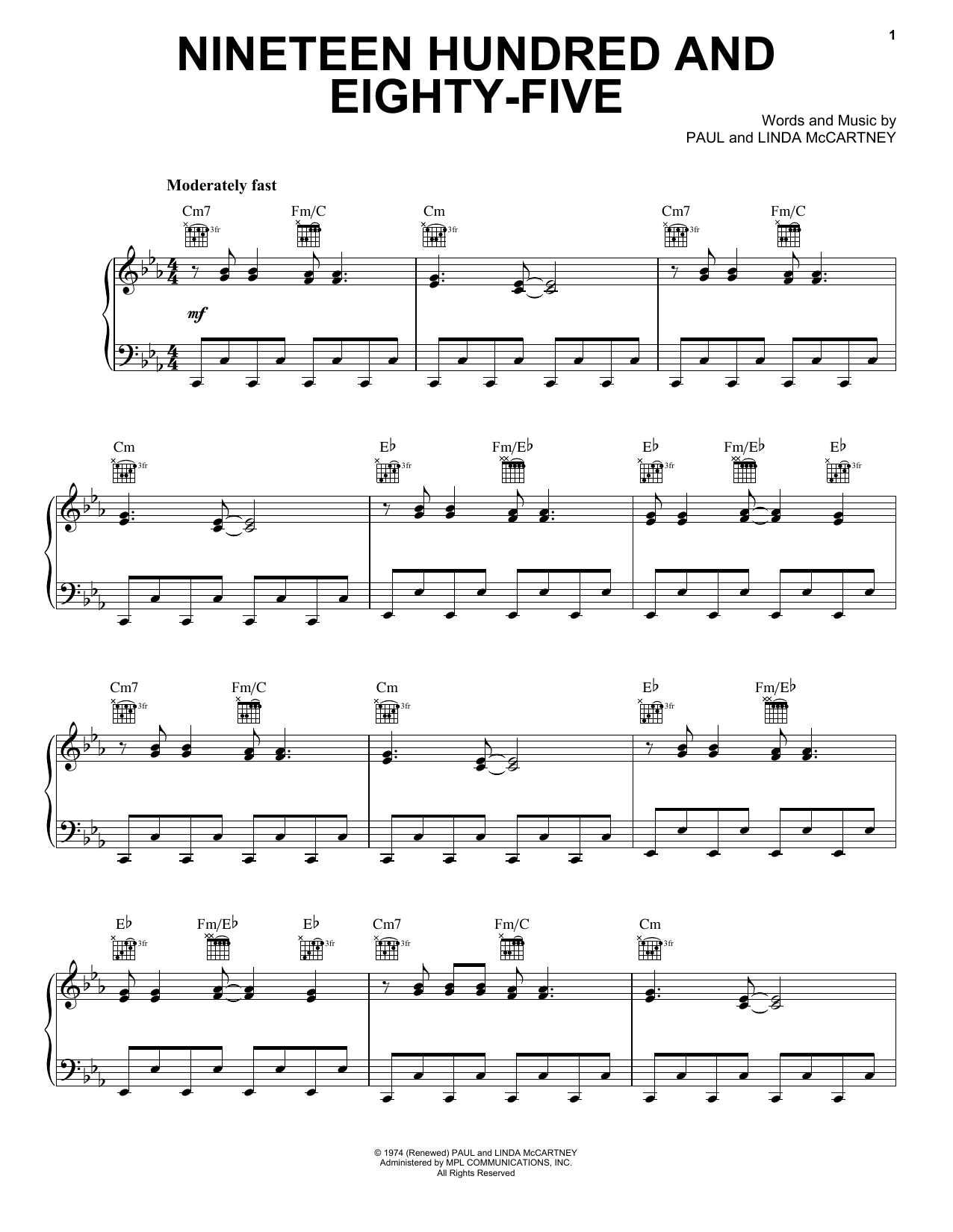 Paul McCartney & Wings Nineteen Hundred And Eighty Five sheet music notes and chords. Download Printable PDF.