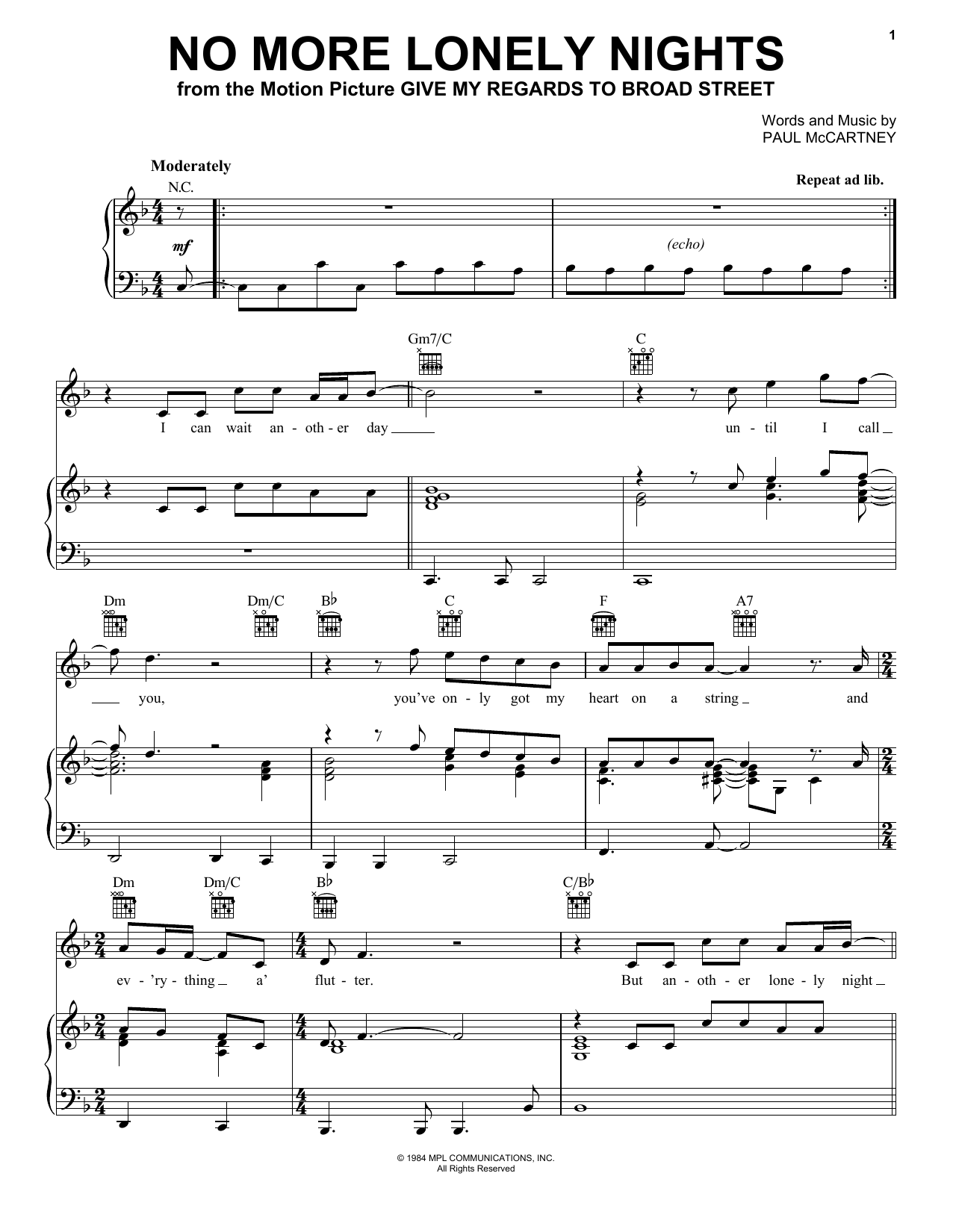 Paul McCartney No More Lonely Nights sheet music notes and chords. Download Printable PDF.