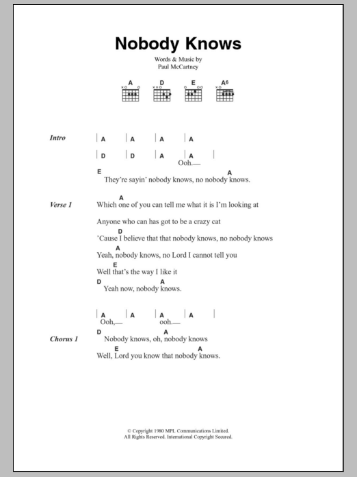 Paul McCartney Nobody Knows sheet music notes and chords. Download Printable PDF.