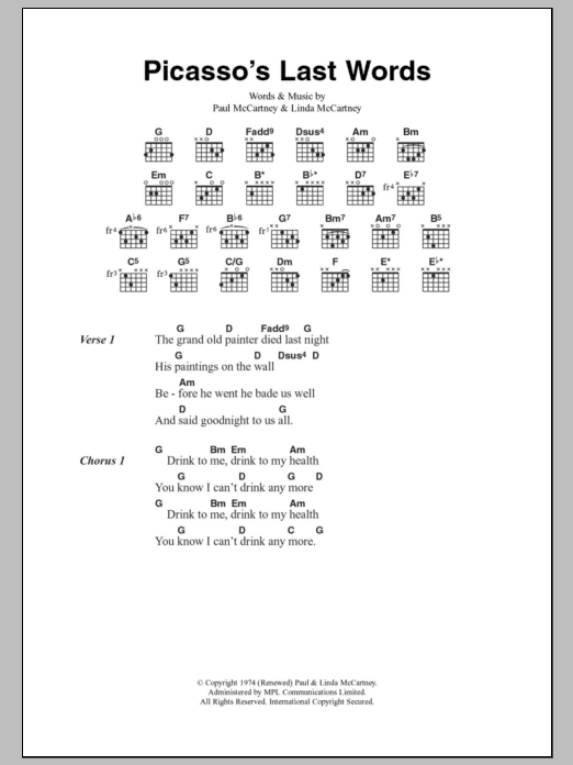 Paul McCartney & Wings Picasso's Last Words sheet music notes and chords. Download Printable PDF.