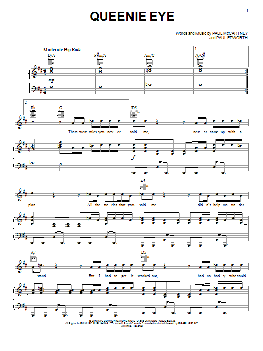 Learn to play Paul McCartney Queenie Eye sheet music for Piano, Vocal & Guitar Chords (Right-Hand Melody) in minutes. Price: 7.8900$ Paul McCartney Queenie Eye sheet music notes and chords arranged for Piano, Vocal & Guitar Chords (Right-Hand Melody)