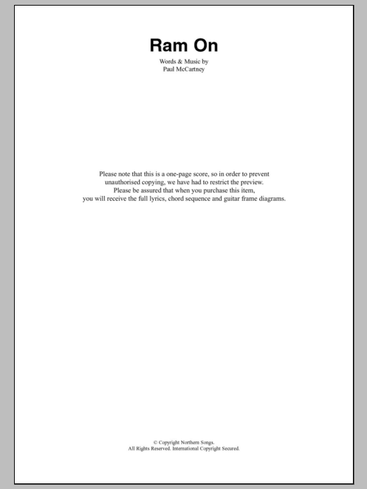 Learn to play Paul McCartney Ram On sheet music for Guitar Chords/Lyrics in minutes. Price: 4.4900$ Paul McCartney Ram On sheet music notes and chords arranged for Guitar Chords/Lyrics