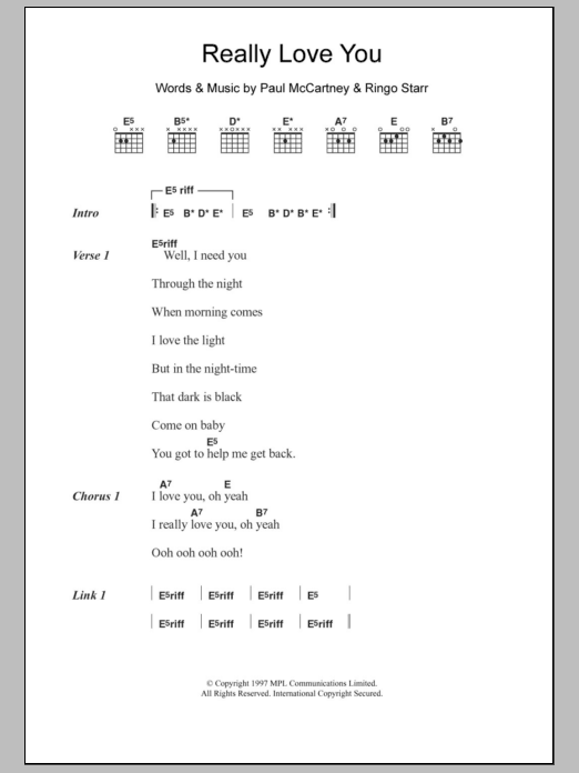 Learn to play Paul McCartney Really Love You sheet music for Guitar Chords/Lyrics in minutes. Price: 4.4900$ Paul McCartney Really Love You sheet music notes and chords arranged for Guitar Chords/Lyrics