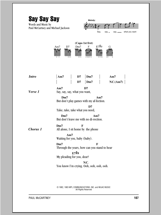 Paul McCartney Say Say Say sheet music notes and chords arranged for Guitar Chords/Lyrics