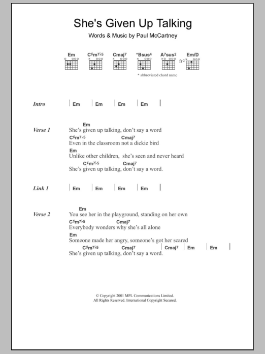 Paul McCartney She's Given Up Talking sheet music notes and chords. Download Printable PDF.