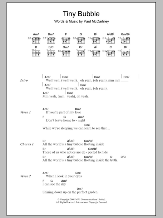 Paul McCartney Tiny Bubble sheet music notes and chords. Download Printable PDF.