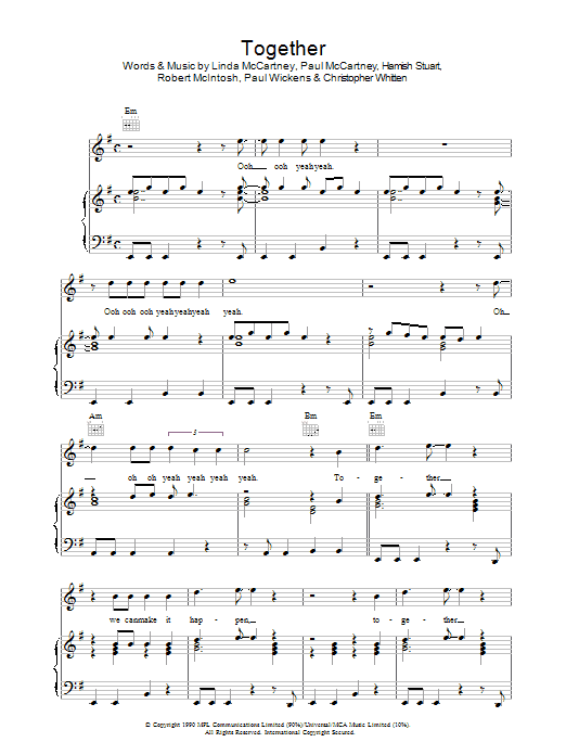 Learn to play Paul McCartney Together sheet music for Piano, Vocal & Guitar Chords in minutes. Price: 7.8900$ Paul McCartney Together sheet music notes and chords arranged for Piano, Vocal & Guitar Chords