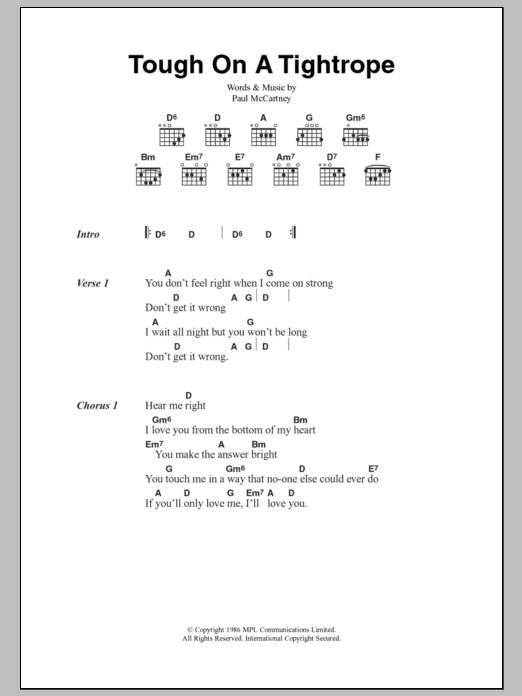 Paul McCartney Tough On A Tightrope sheet music notes and chords. Download Printable PDF.