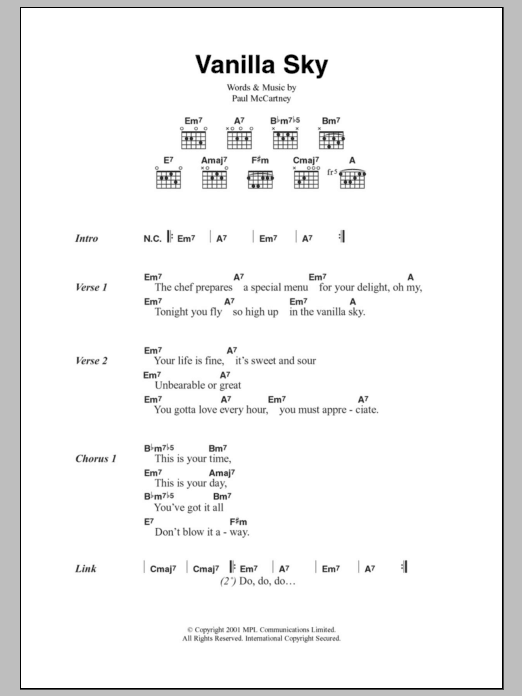 Paul McCartney Vanilla Sky sheet music notes and chords. Download Printable PDF.