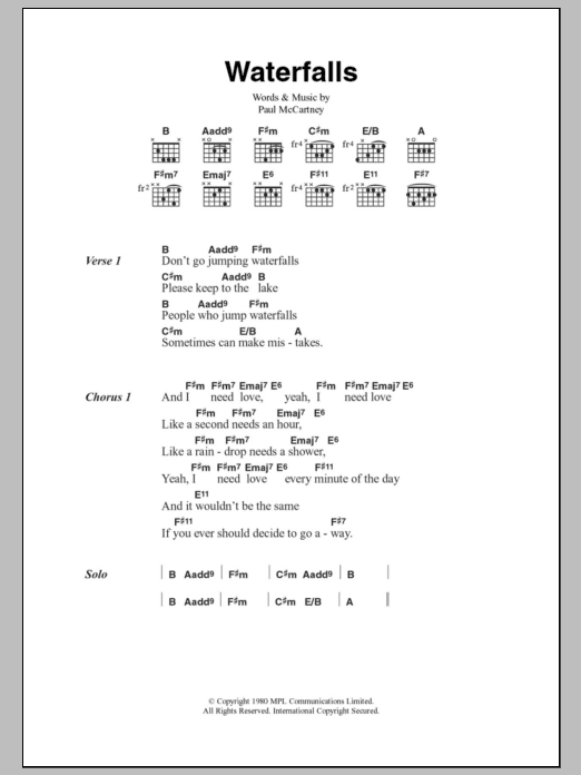 Paul McCartney Waterfalls sheet music notes and chords. Download Printable PDF.