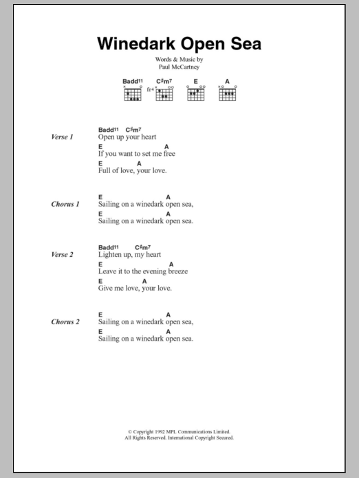 Paul McCartney Winedark Open Sea sheet music notes and chords. Download Printable PDF.