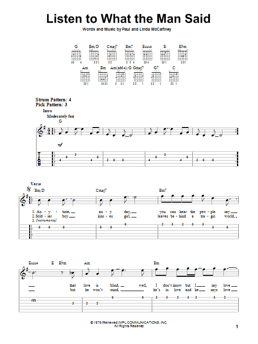 Learn to play Paul McCartney & Wings Listen To What The Man Said sheet music for Easy Guitar Tab in minutes. Price: 6.9900$ Paul McCartney & Wings Listen To What The Man Said sheet music notes and chords arranged for Easy Guitar Tab