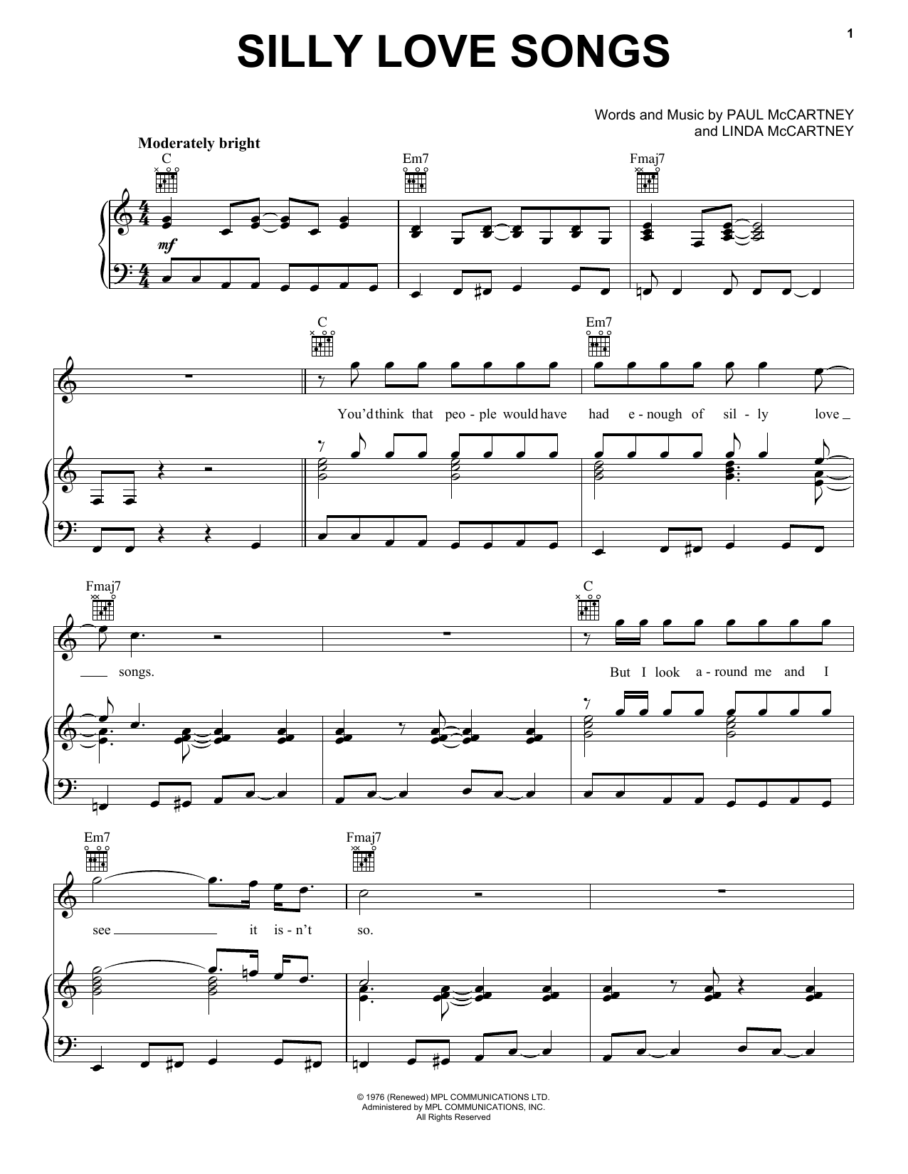 Paul McCartney & Wings Silly Love Songs sheet music notes and chords. Download Printable PDF.