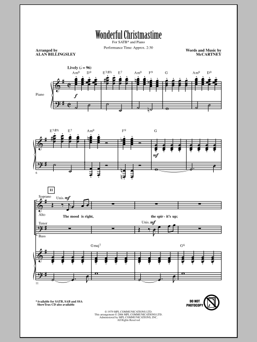 Paul McCartney Wonderful Christmastime (arr. Alan Billingsley) sheet music notes and chords. Download Printable PDF.