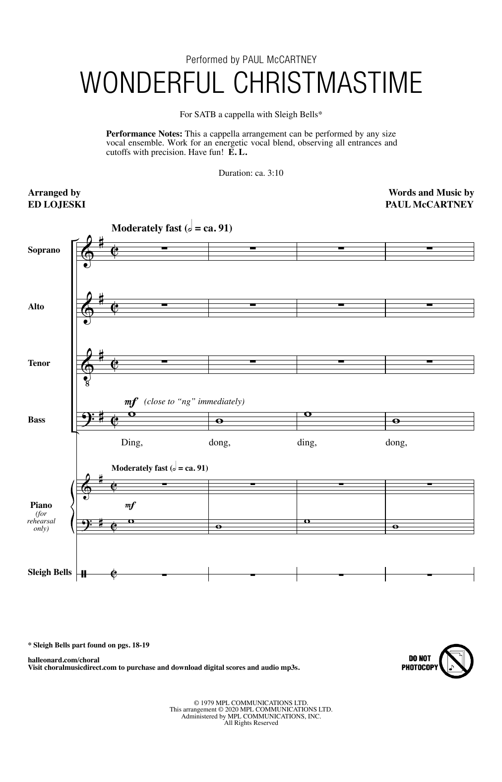 Paul McCartney Wonderful Christmastime (arr. Ed Lojeski) sheet music notes and chords. Download Printable PDF.