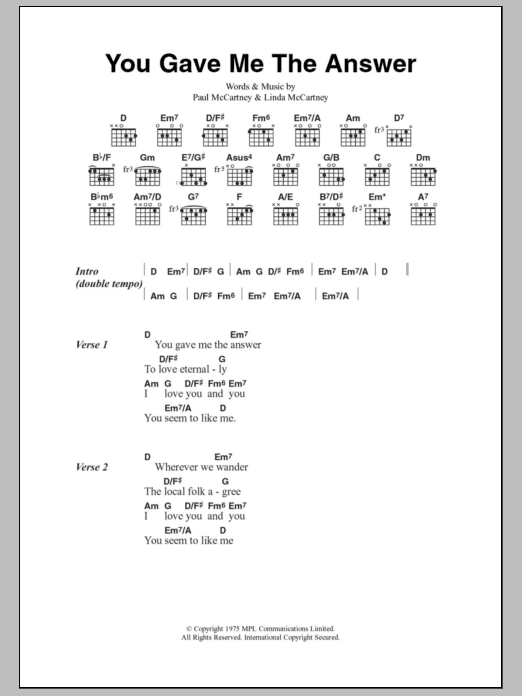 Paul McCartney & Wings You Gave Me The Answer sheet music notes and chords. Download Printable PDF.