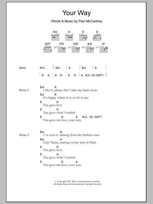 Paul McCartney Your Way sheet music notes and chords. Download Printable PDF.