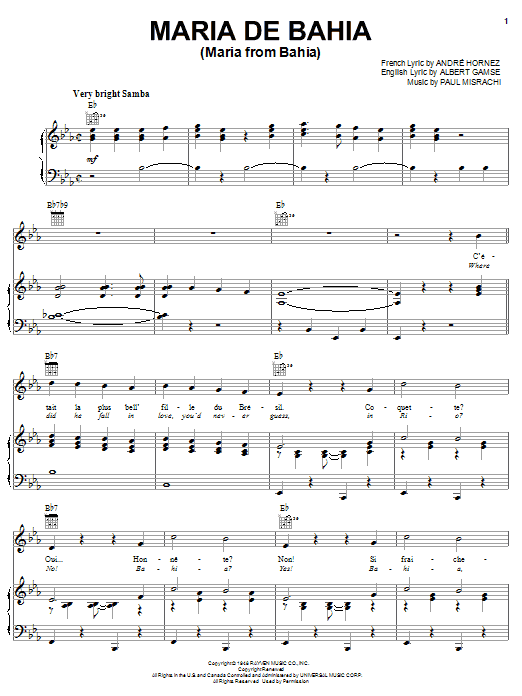 Paul Misrachi Maria De Bahia (Maria From Bahia) sheet music notes and chords arranged for Piano, Vocal & Guitar Chords (Right-Hand Melody)