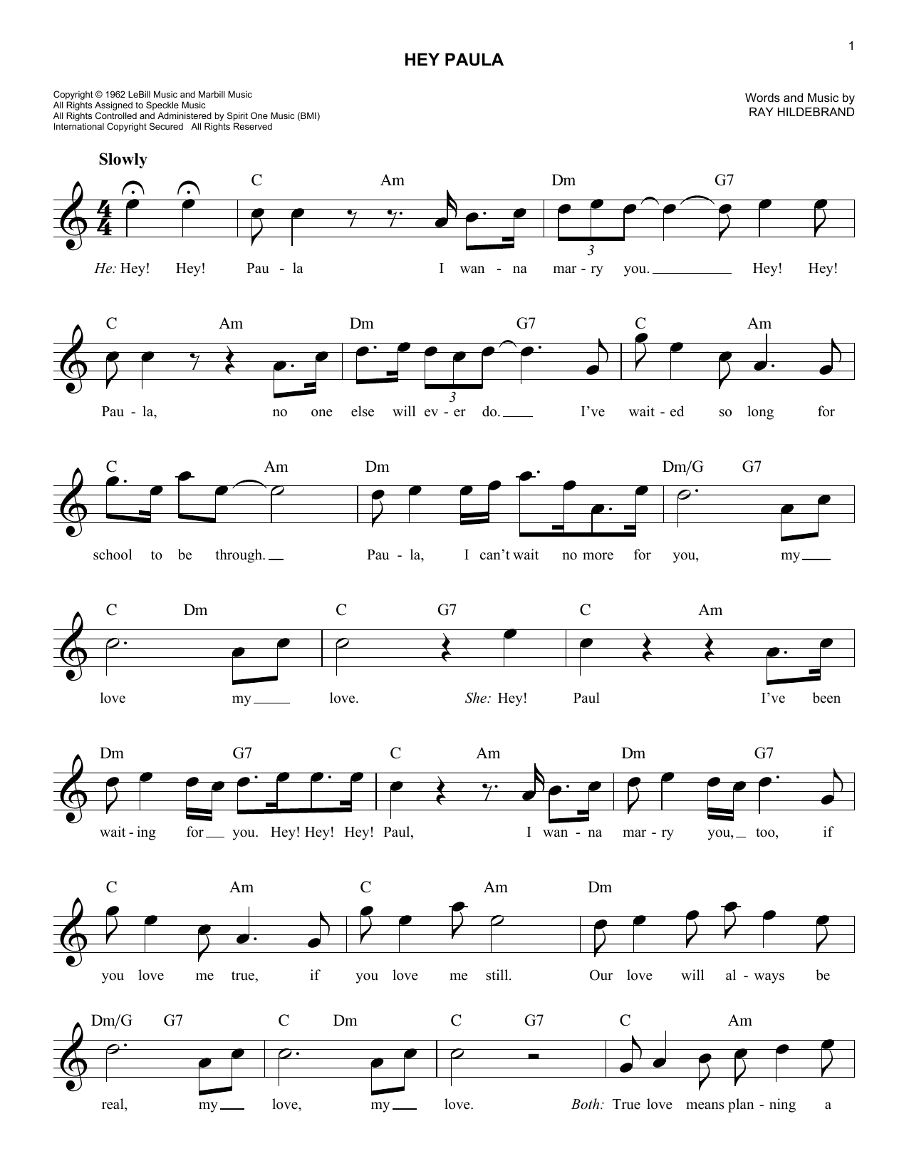 Paul & Paula Hey Paula sheet music notes and chords arranged for Piano, Vocal & Guitar Chords