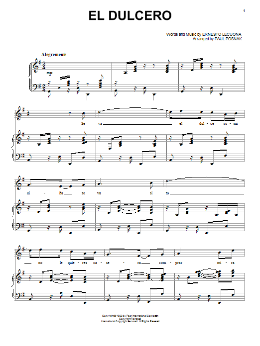 Learn to play Paul Posnak El Dulcero sheet music for Piano & Vocal in minutes. Price: 7.8900$ Paul Posnak El Dulcero sheet music notes and chords arranged for Piano & Vocal