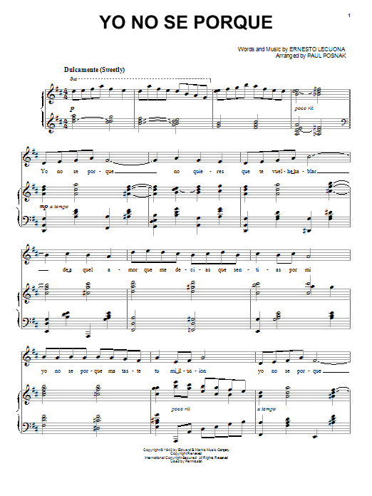 Learn to play Paul Posnak Yo No Se Porque sheet music for Piano & Vocal in minutes. Price: 7.8900$ Paul Posnak Yo No Se Porque sheet music notes and chords arranged for Piano & Vocal