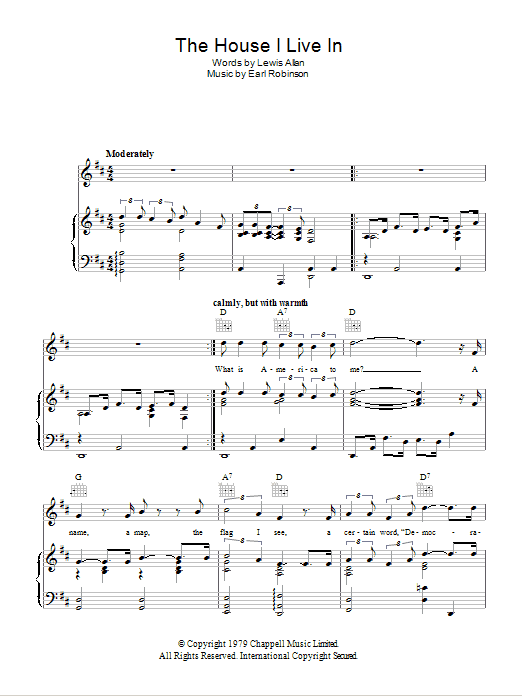 Learn to play Paul Robeson The House I Live In sheet music for Piano, Vocal & Guitar Chords in minutes. Price: 7.8900$ Paul Robeson The House I Live In sheet music notes and chords arranged for Piano, Vocal & Guitar Chords