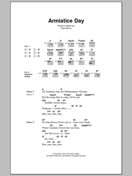 Learn to play Paul Simon Armistice Day sheet music for Guitar Tab in minutes. Price: 7.8900$ Paul Simon Armistice Day sheet music notes and chords arranged for Guitar Tab