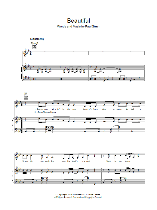 Learn to play Paul Simon Beautiful sheet music for Piano, Vocal & Guitar Chords in minutes. Price: 7.8900$ Paul Simon Beautiful sheet music notes and chords arranged for Piano, Vocal & Guitar Chords